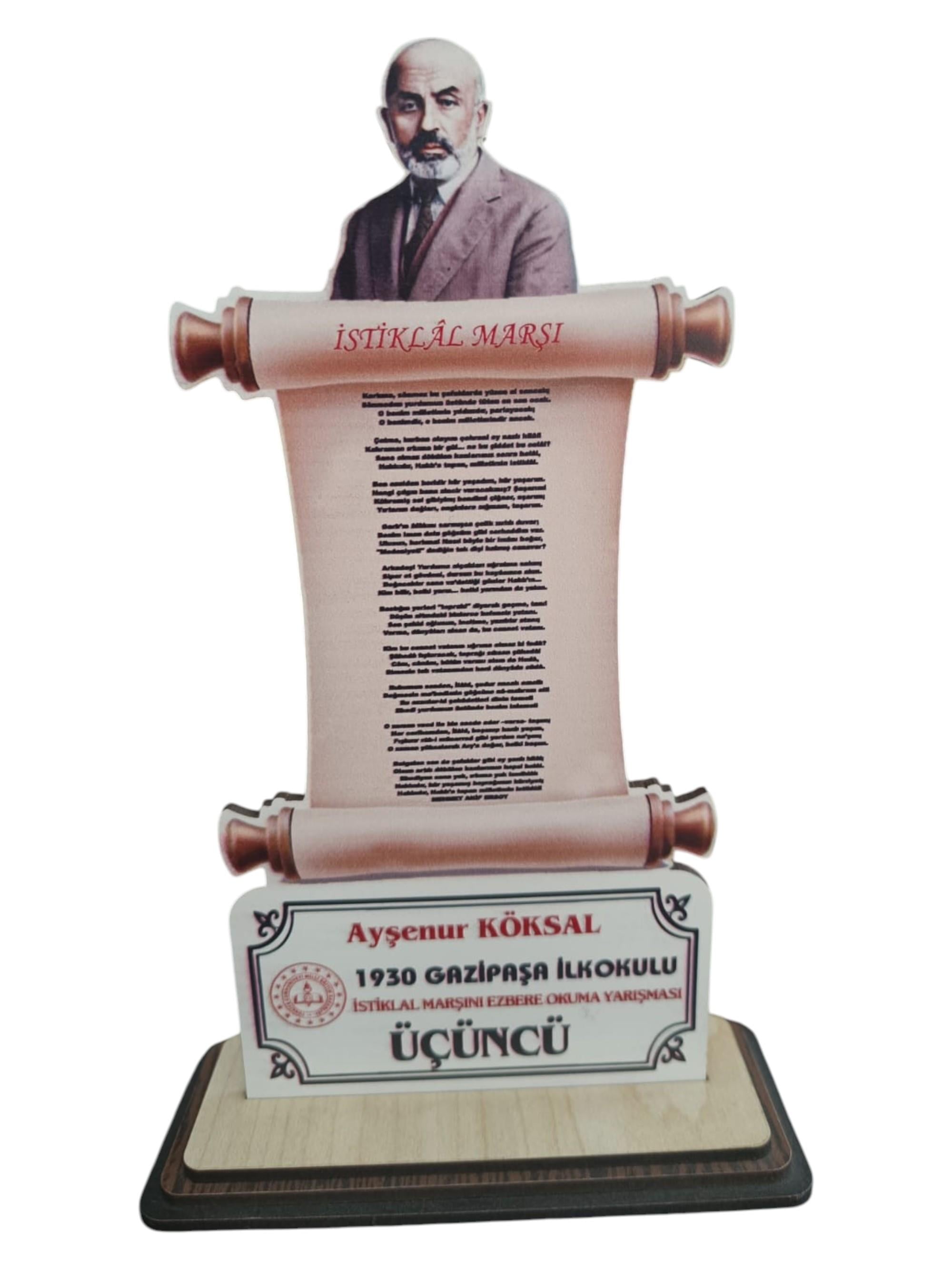 Kişiye Özel İstiklal Marşını Ezbere Okuma Yarışması Birincisi Plaket