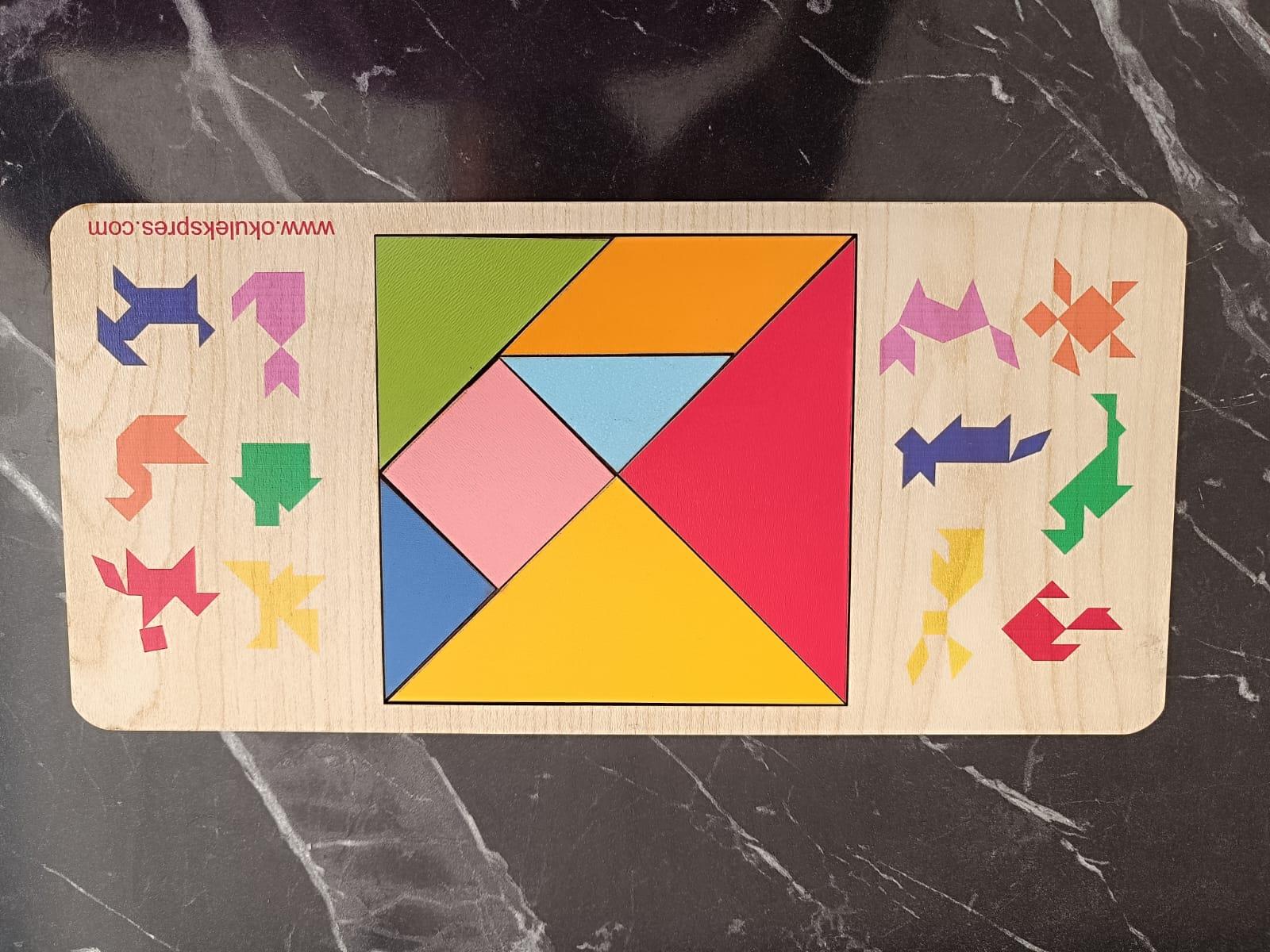 Okulekspres Tangram Ahşap Zeka Oyunu – Renkli Parçalarla Eğlenceli Şekil Tamamlama Oyunu