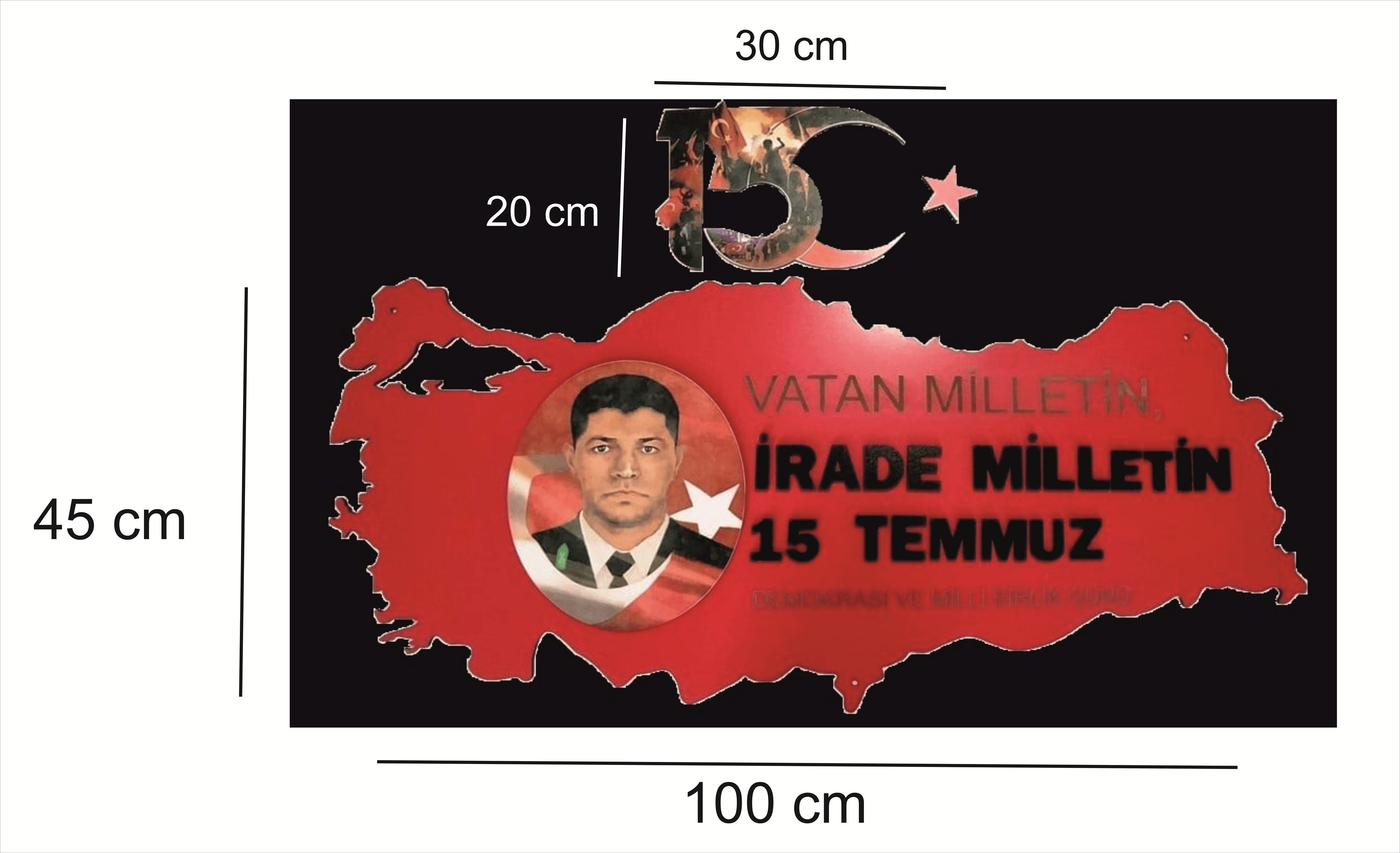 ÖZEL ÖLÇÜ 100 x45 cm -- 20x30 cm 15 Temmuz Köşesi-Panosu Lazer Kesim Mdf
