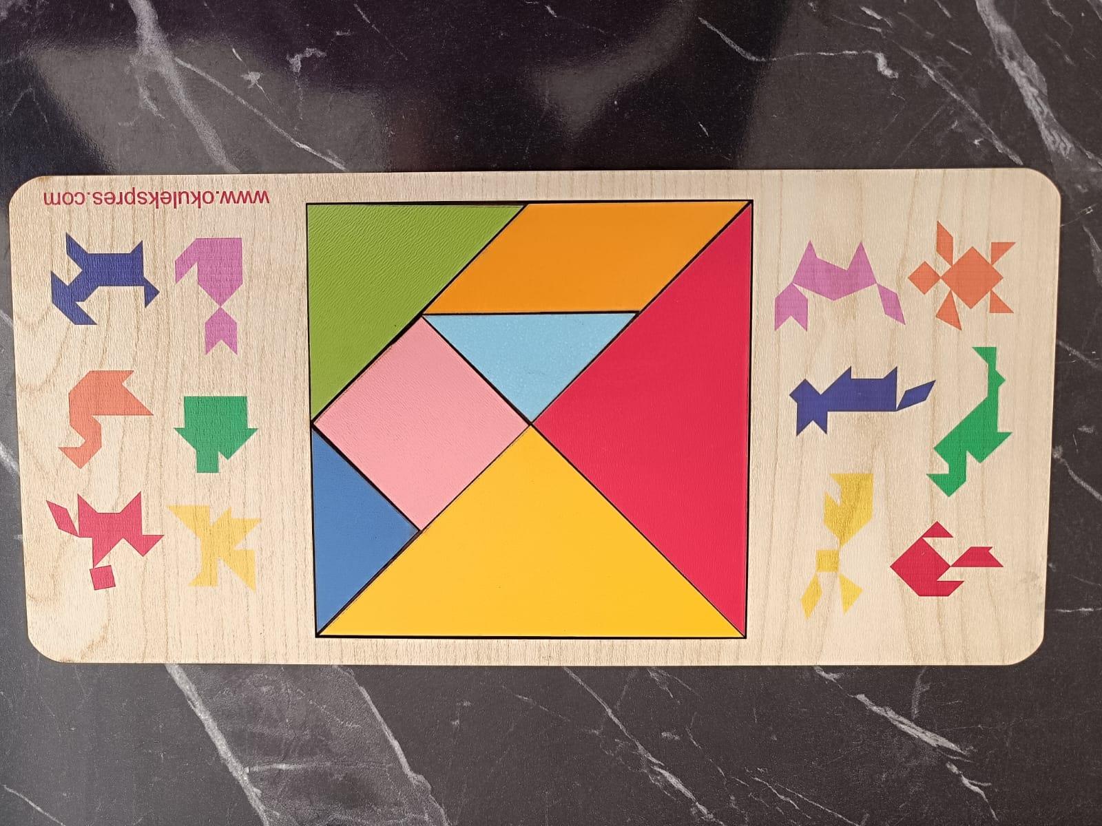 Okulekspres Tangram Ahşap Zeka Oyunu – Renkli Parçalarla Eğlenceli Şekil Tamamlama Oyunu