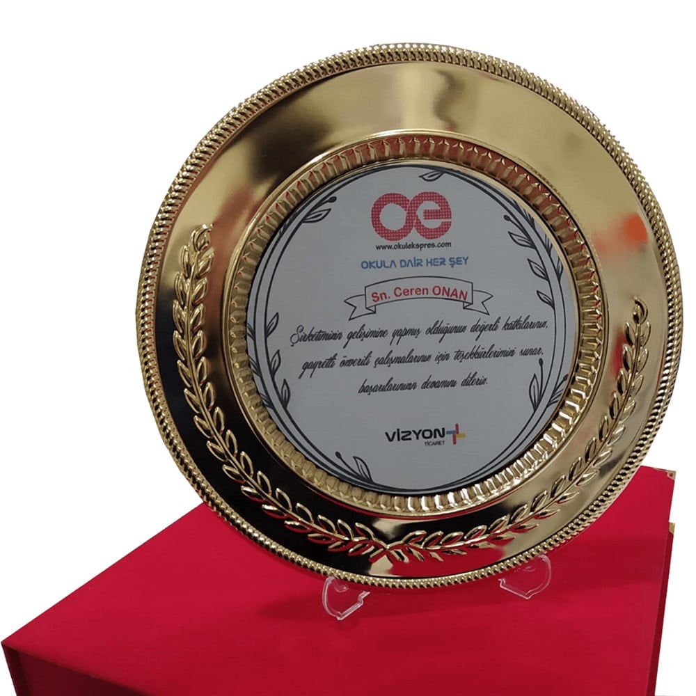Tabak Plaket & Kırmızı Kadife Plaket Kutusu 25 Cm Altın-Gümüş