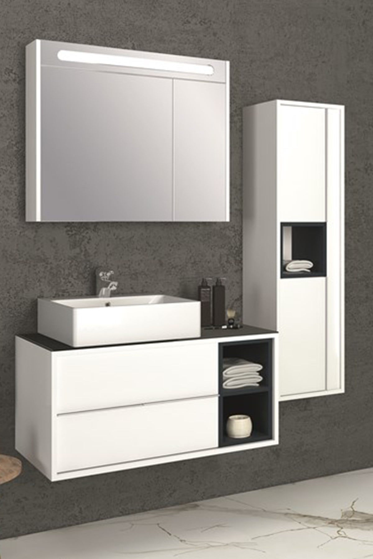 ANATOLİA  90 CM BANYO DOLABI -BEYAZ LAVABOLU (BOY DOLAP DAHİL)
