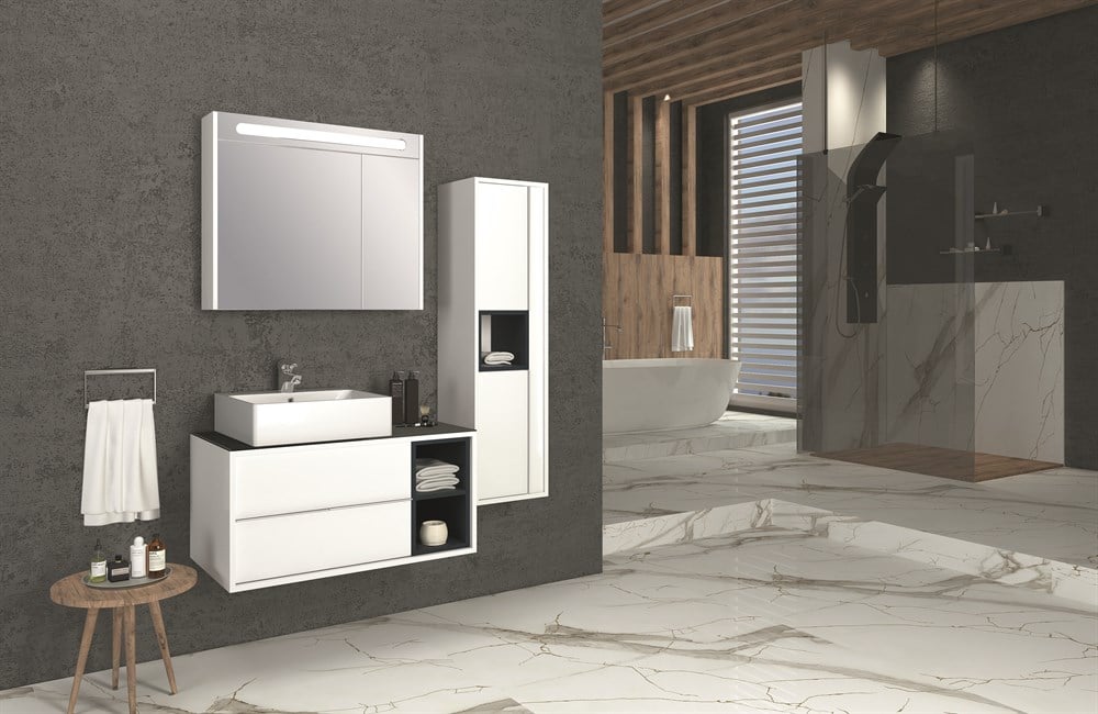 ANATOLİA  90 CM BANYO DOLABI -BEYAZ LAVABOLU (BOY DOLAP DAHİL)
