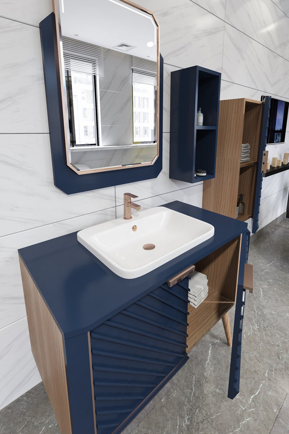 MİGELLA 100CM BANYO DOLABI-LACİVERT/MEŞE (BOY DOLAP HARİÇ )