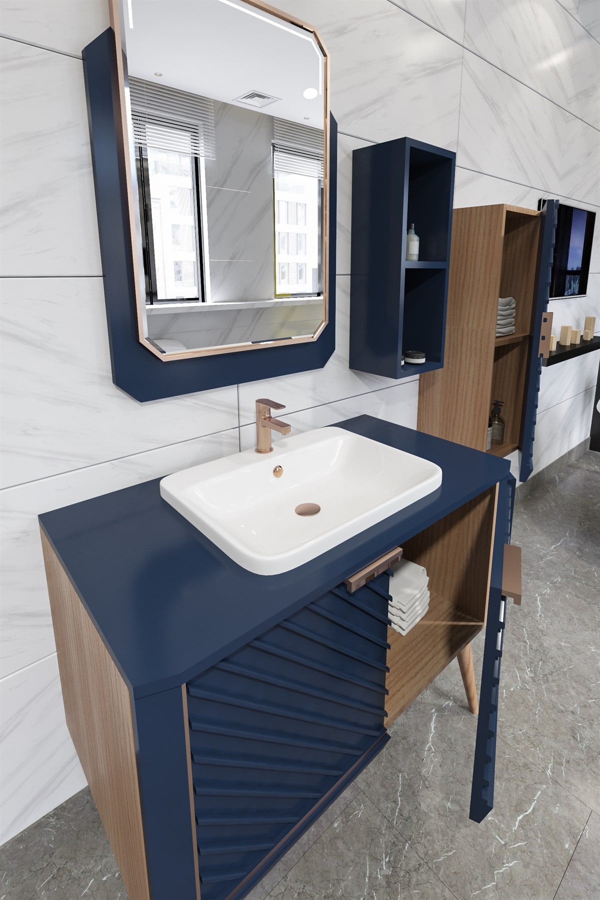 MIGELLE 100CM BANYO DOLABI-LACİVERT/MEŞE (BOY DOLAP HARİÇ )