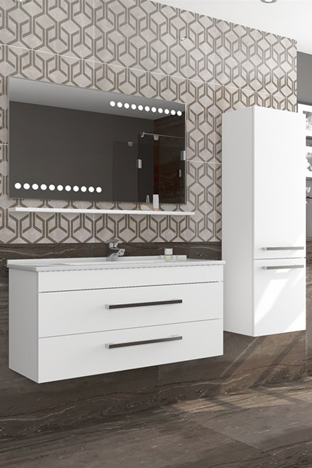 MİMOZA 100 CM BEYAZ LAVABOLU BANYO DOLABI / BEYAZ (BOY DOLAP DAHİL )