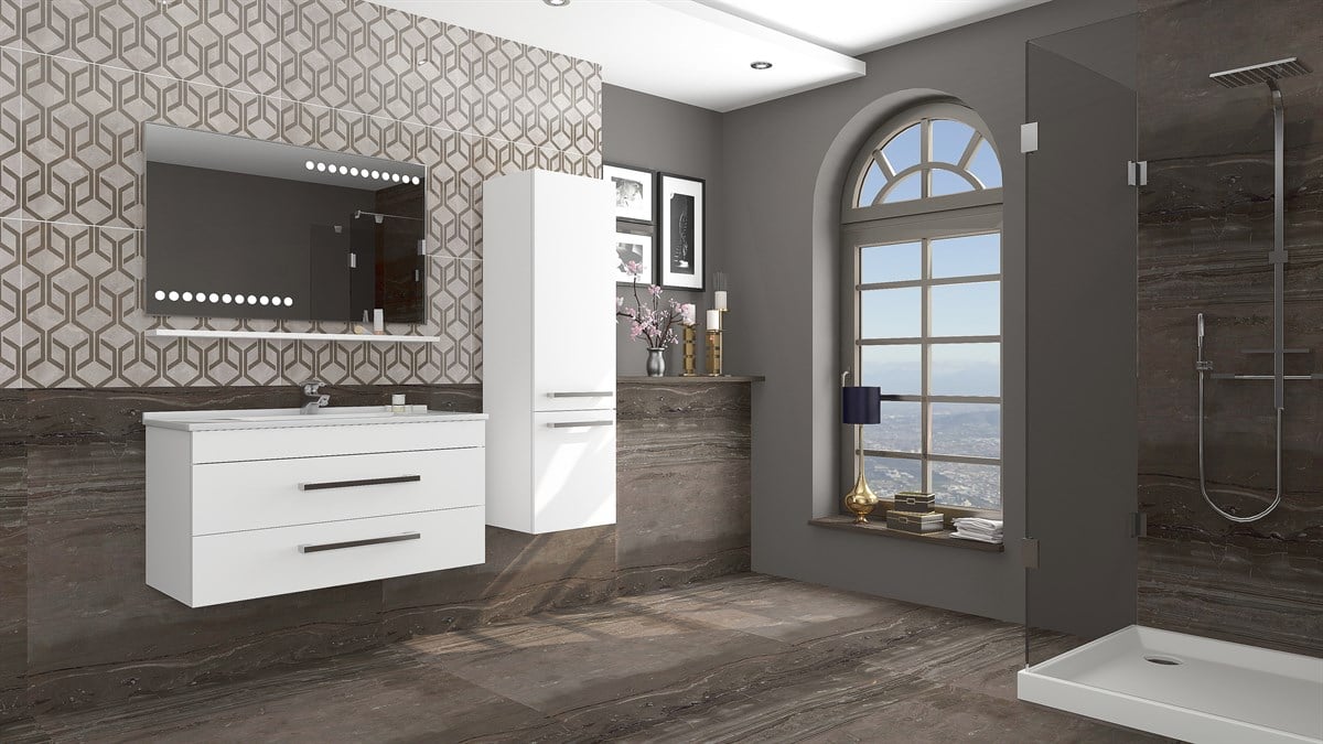 MİMOZA 100 CM BEYAZ LAVABOLU BANYO DOLABI / BEYAZ (BOY DOLAP DAHİL )