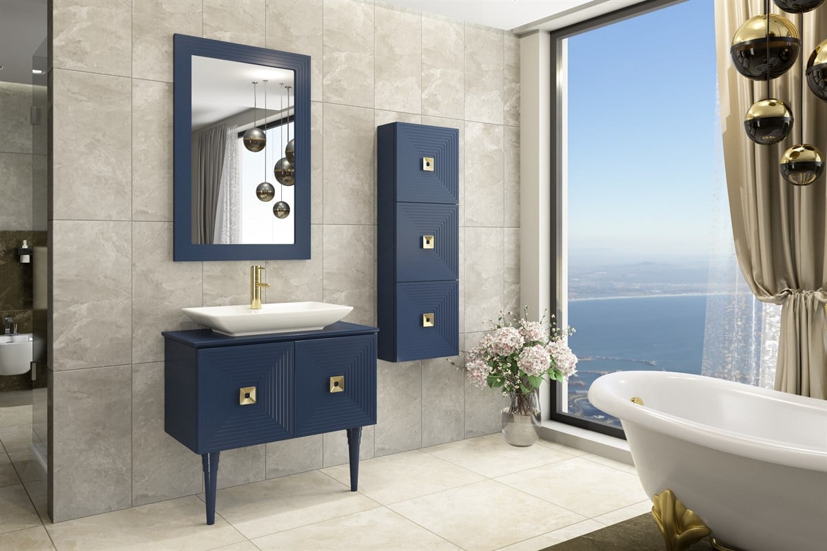 MOSTAR 80CM BEYAZ LAVABOLU BANYO DOLABI -LACİVERT (BOY DOLAP DAHİL )