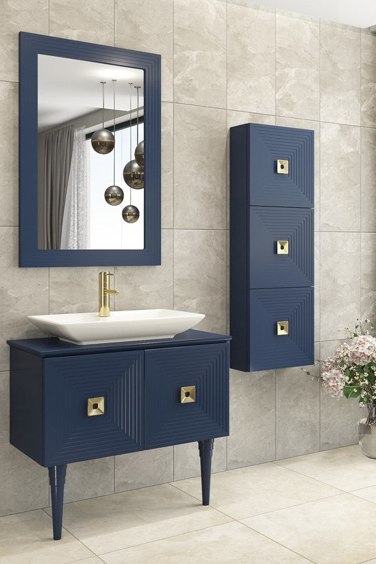 MOSTAR 80CM BEYAZ LAVABOLU BANYO DOLABI -LACİVERT (BOY DOLAP DAHİL )