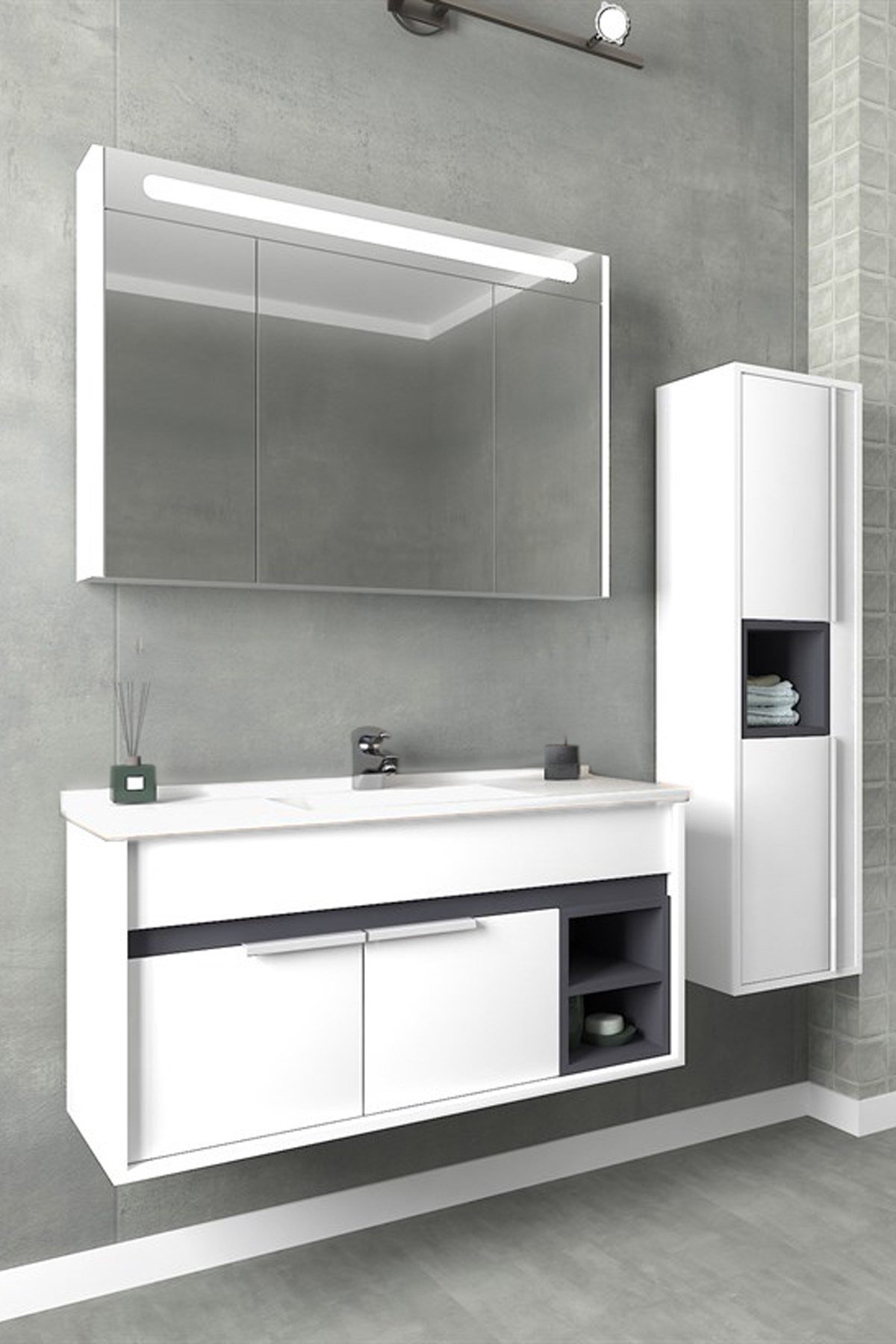 NAPOLİ 100 CM BEYAZ LAVABOLU BANYO DOLABI- BEYAZ/ANTRASİT (BOY DOLAP HARİÇ )