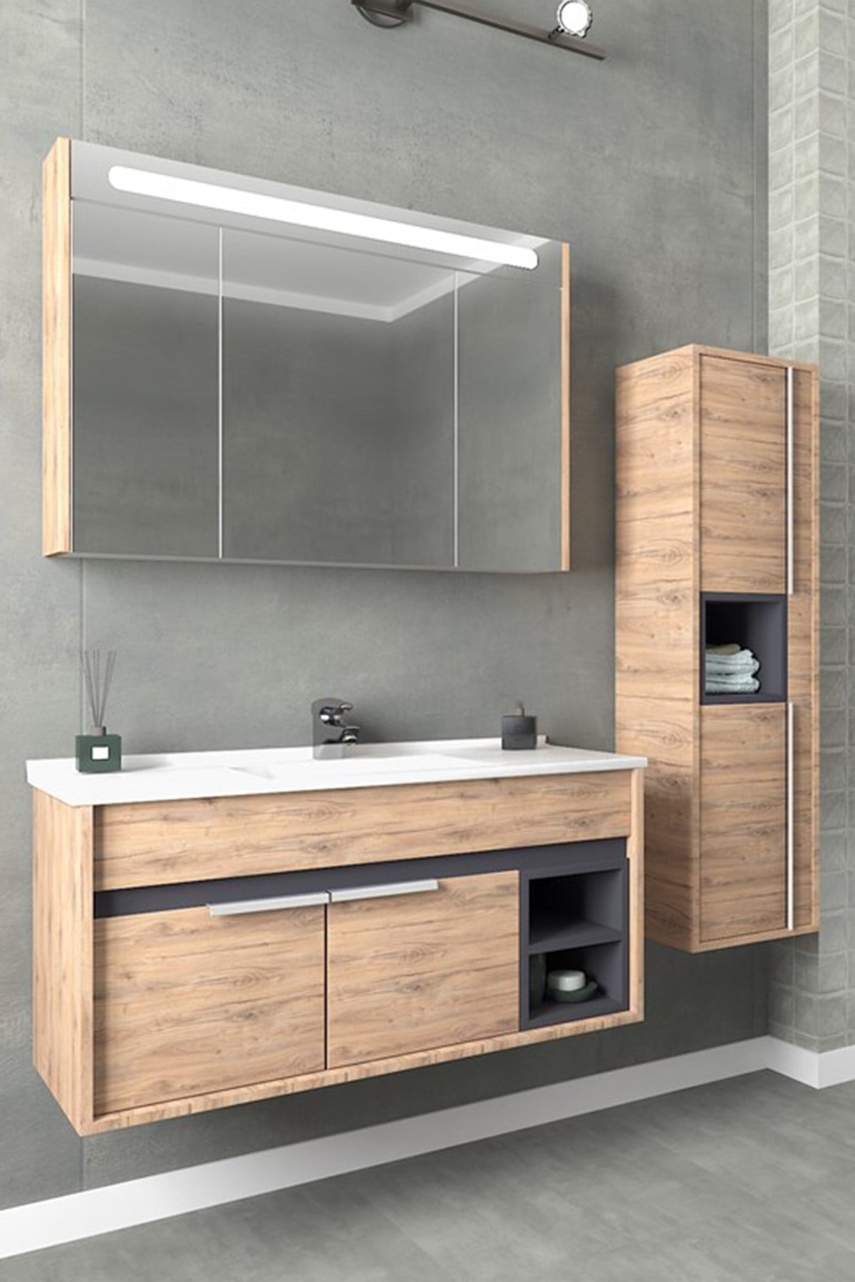 NAPOLİ 100 CM BEYAZ LAVABOLU BANYO DOLABI - DORADO/ANTRASİT(BOY DOLAP DAHİL )