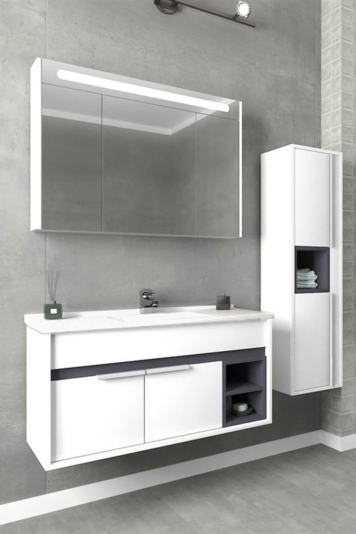 NAPOLİ 100 CM BEYAZ LAVABOLU BANYO DOLABI - BEYAZ/ANTRASİT(BOY DOLAP DAHİL )