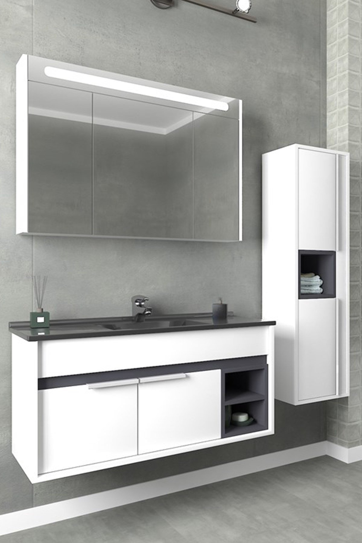 NAPOLİ 100 CM SİYAH LAVABOLU BANYO DOLABI-BEYAZ/ANTRASİT (BOY DOLAP DAHİL )