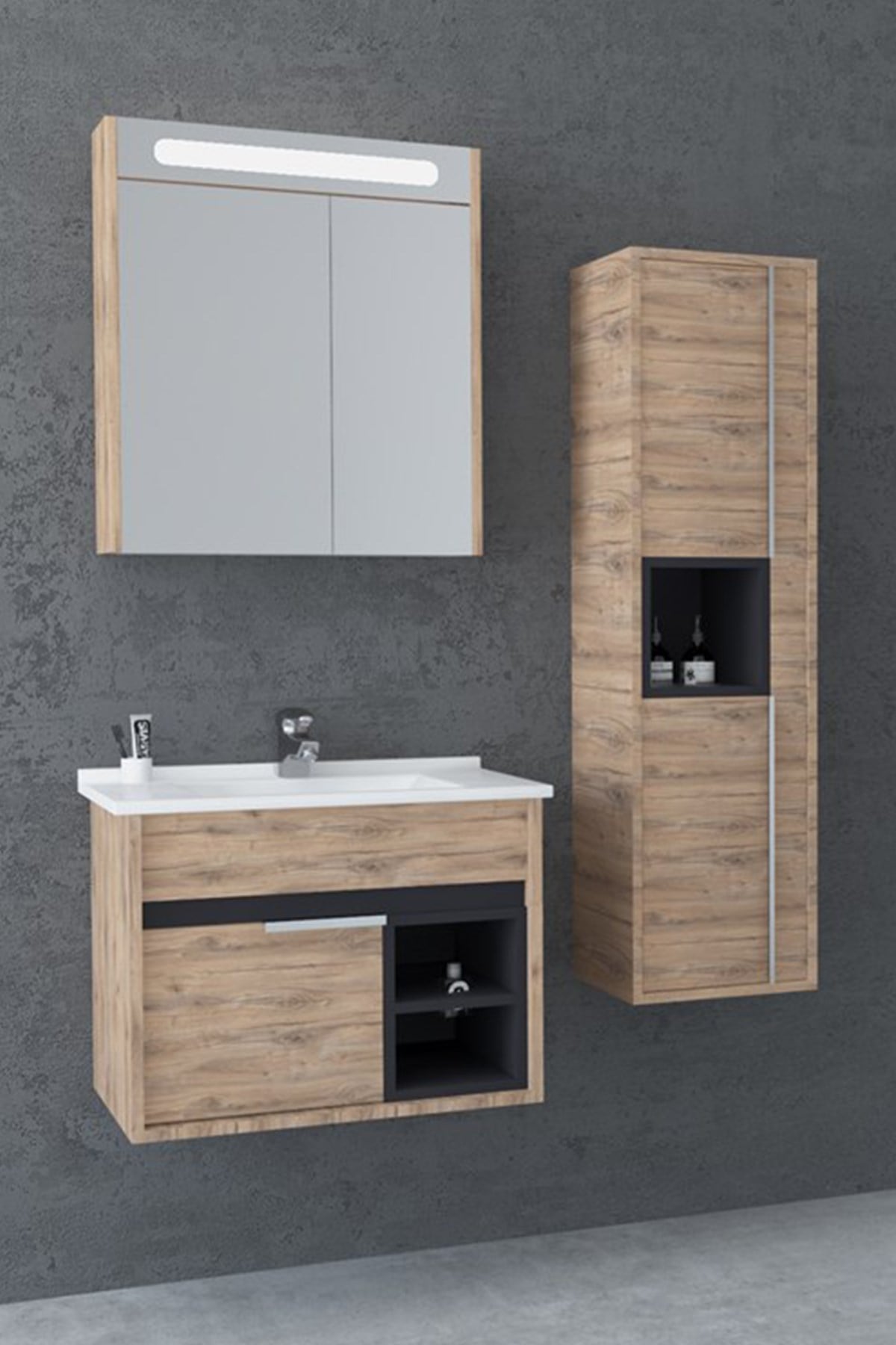 NAPOLİ 65 CM BEYAZ LAVABOLU BANYO DOLABI -  DORADO/ANTRASİT(BOY DOLAP HARİÇ )