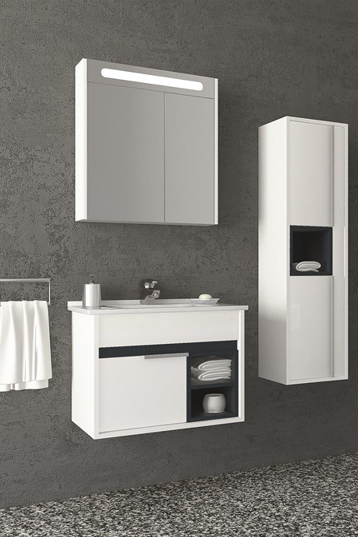 NAPOLİ 65 CM BEYAZ LAVABOLU BANYO DOLABI -  BEYAZ/ANTRASİT(BOY DOLAP HARİÇ )
