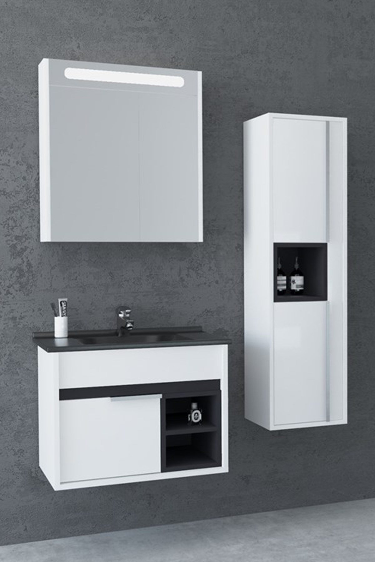 NAPOLİ 65 CM SİYAH LAVABOLU BANYO DOLABI- BEYAZ/ANTRASİT (BOY DOLAP HARİÇ )