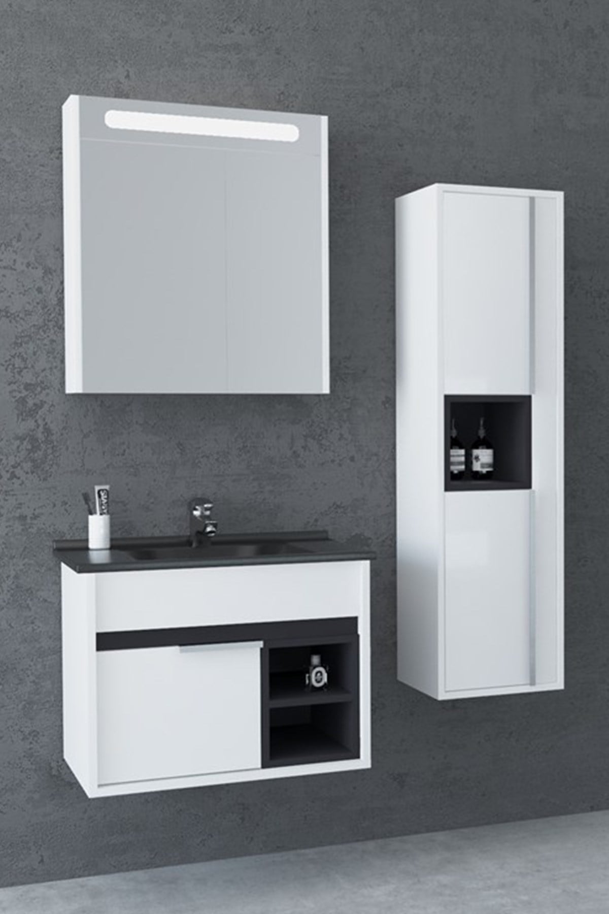 NAPOLİ 65 CM SİYAH LAVABOLU BANYO DOLABI- BEYAZ/ANTRASİT (BOY DOLAP DAHİL )