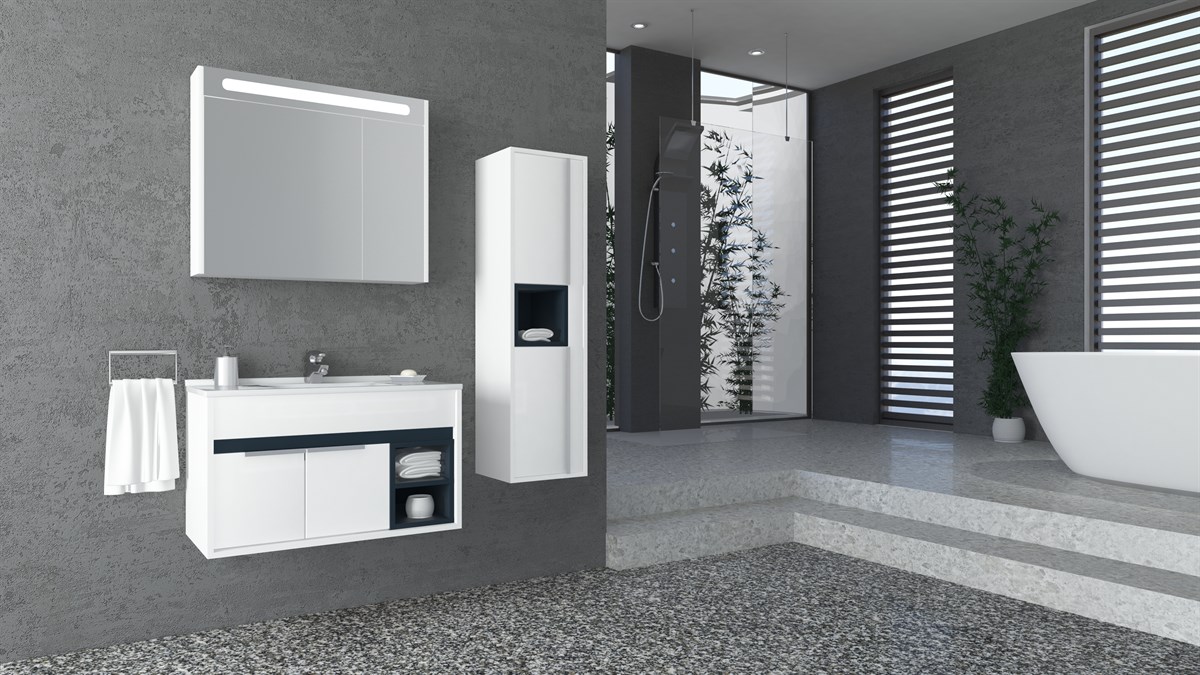 NAPOLİ 85 CM  BEYAZ LAVABOLU BANYO DOLABI - BEYAZ/ANTRASİT (BOY DOLAP DAHİL )