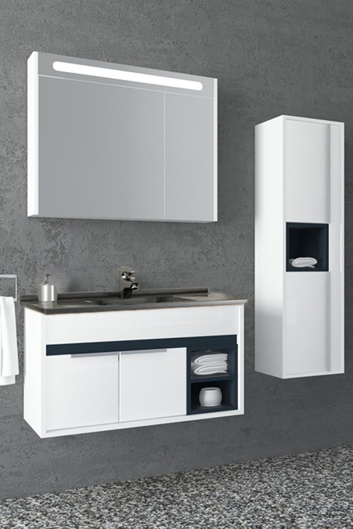 NAPOLİ 85 CM SİYAH LAVABOLU BANYO DOLABI - BEYAZ/ANTRASİT(BOY DOLAP DAHİL )