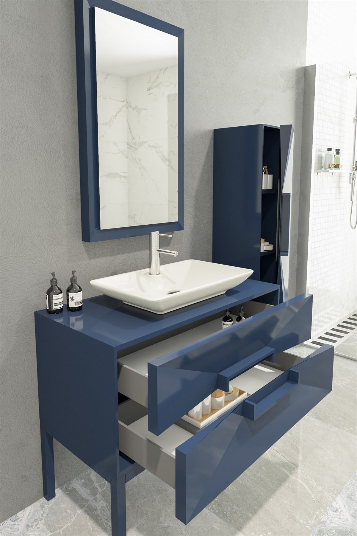 OMENTE 100CM BANYO DOLABI-LACİVERT (BOY DOLAP DAHİL )