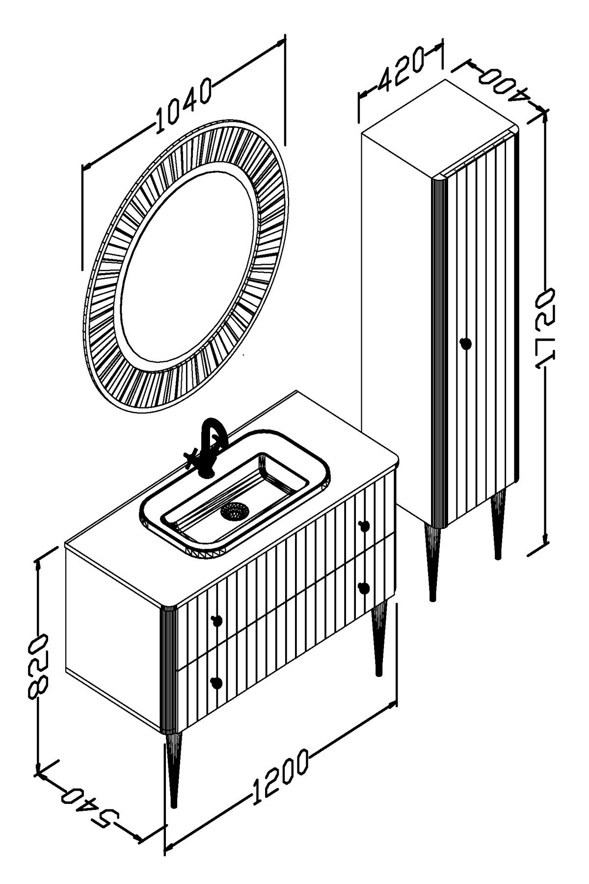 SOLARİS 120 CM BEYAZ LAVABOLU BANYO DOLABI - VİZON AYAKLI (BOY DOLAP DAHİL)