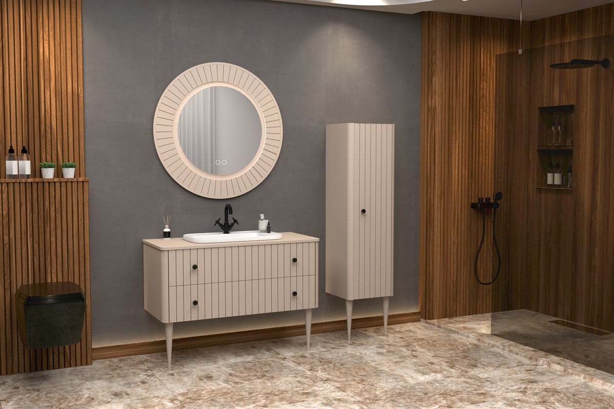 SOLARİS 120 CM BEYAZ LAVABOLU BANYO DOLABI - VİZON AYAKLI (BOY DOLAP DAHİL)