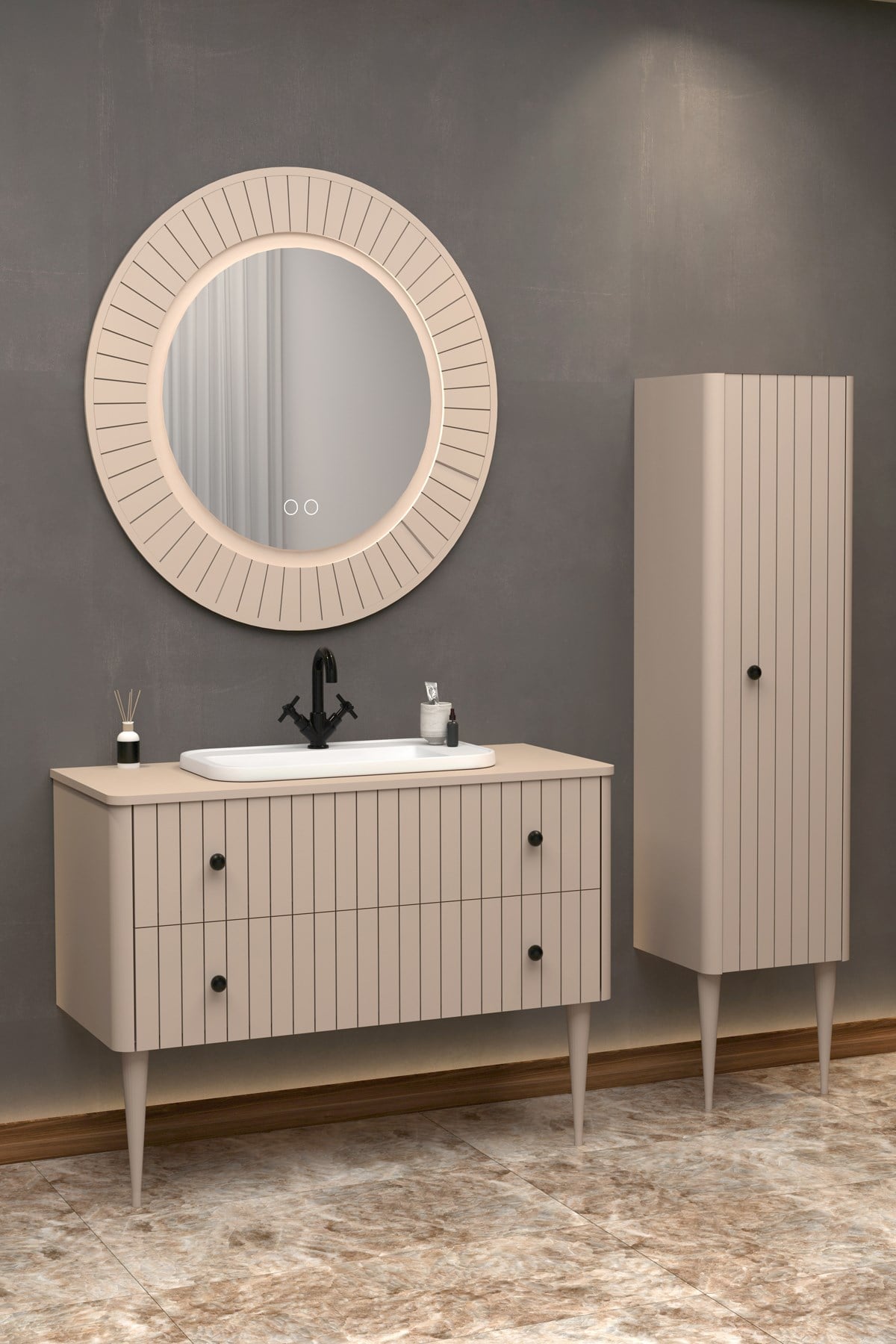 SOLARİS 120 CM BEYAZ LAVABOLU BANYO DOLABI - VİZON AYAKLI (BOY DOLAP DAHİL)