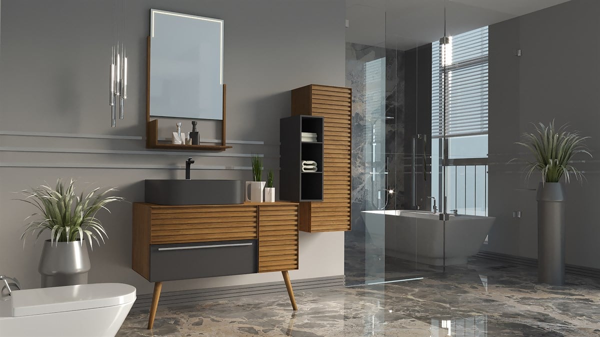 ZELENA 100CM BANYO DOLABI-ANTRASİT/MEŞE(BOY DOLAP DAHİL )