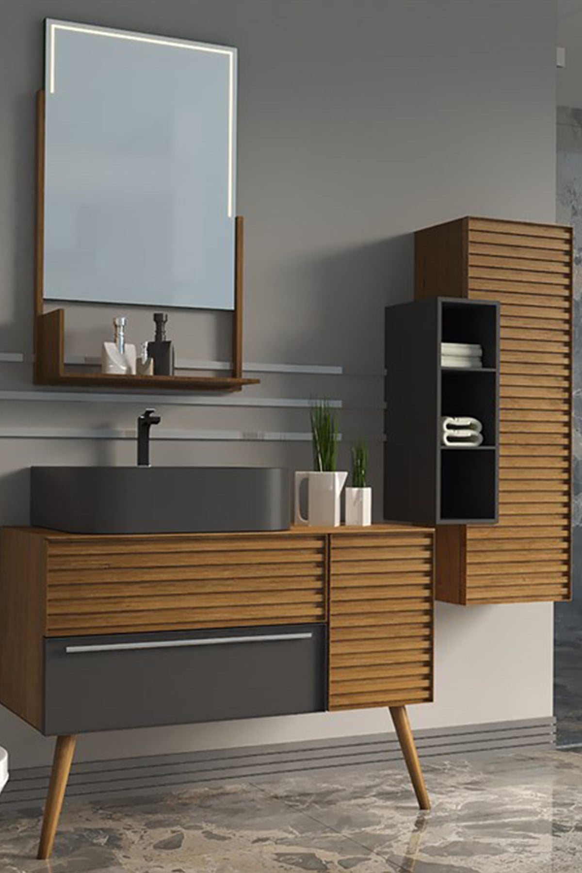 ZELENA 100CM BANYO DOLABI-ANTRASİT/MEŞE(BOY DOLAP DAHİL )