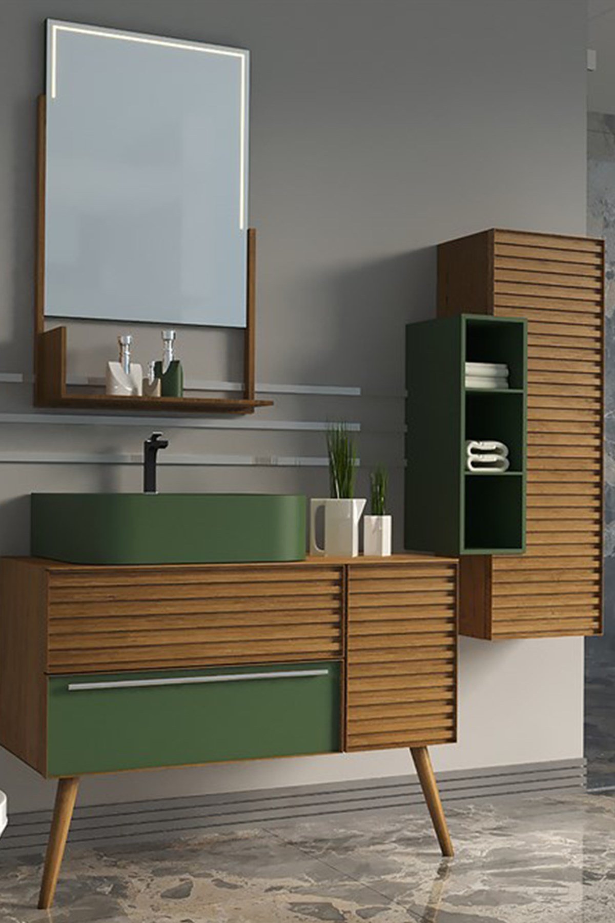 ZELENA 100CM BANYO DOLABI-YEŞİL/MEŞE (BOY DOLAP DAHİL )