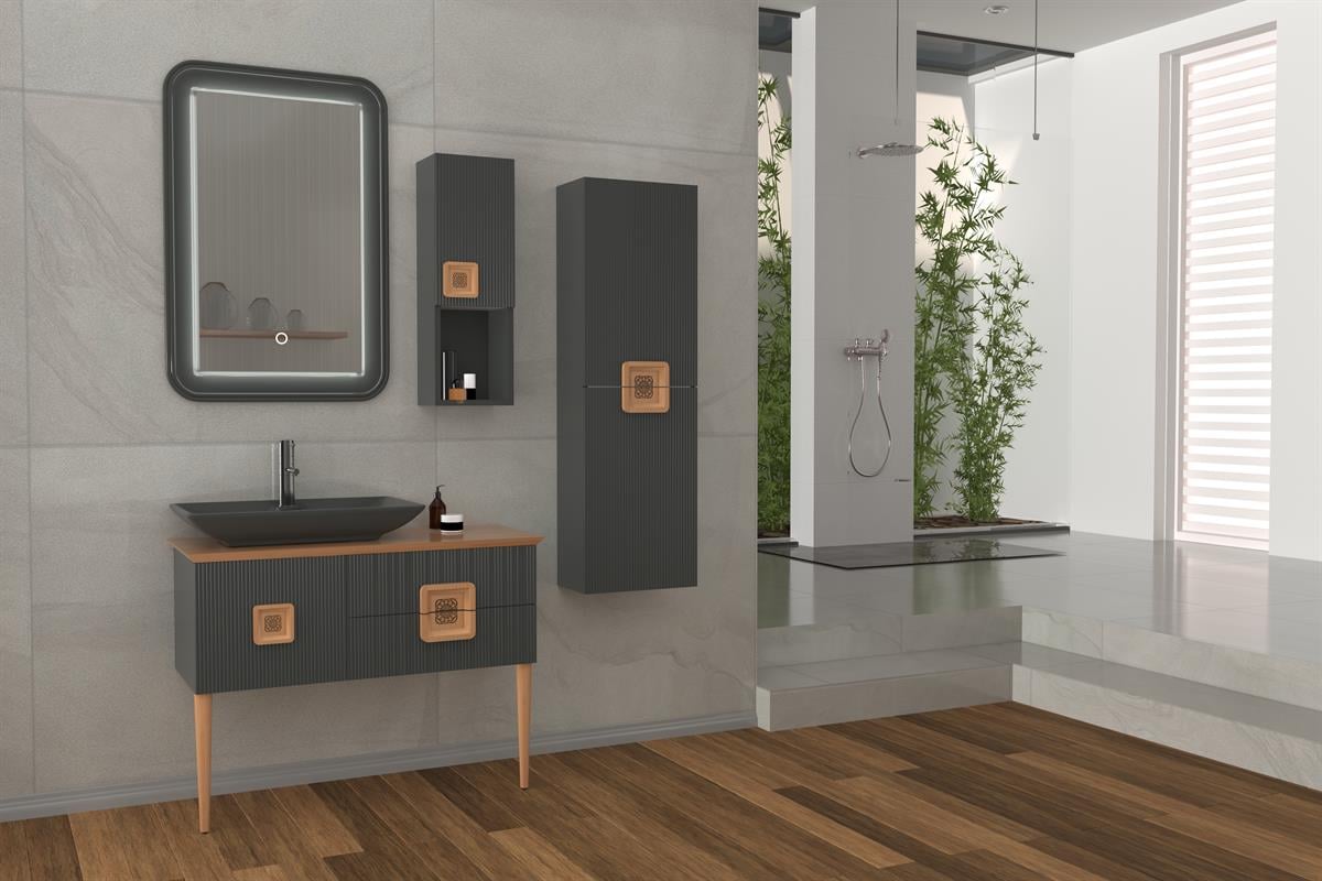 ZÜRİH 100CM ANTRASİT LAVABOLU BANYO DOLABI-ANRASİT/KAIYN(BOY DOLAP DAHİL )