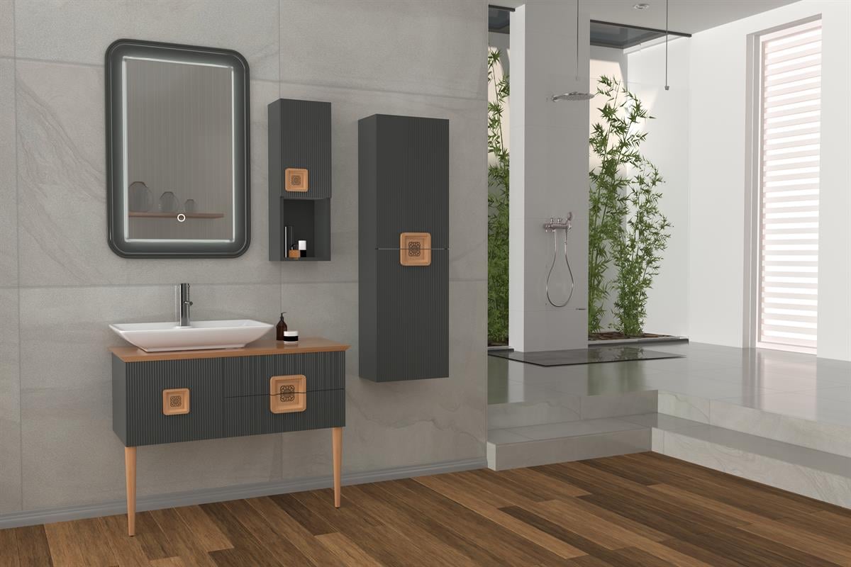 ZÜRİH 100CM BEYAZ LAVABOLU BANYO DOLABI-ANRASİT/KAIYN(BOY DOLAP DAHİL )