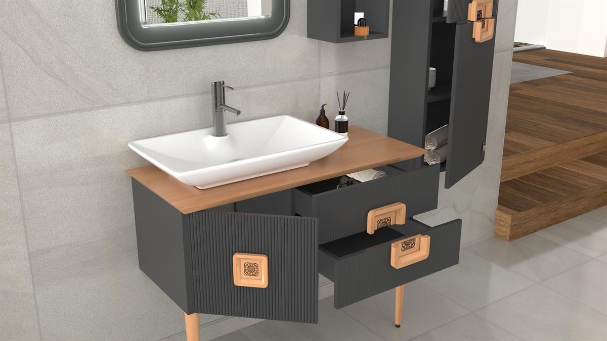 ZÜRİH 100CM BEYAZ LAVABOLU BANYO DOLABI-ANRASİT/KAIYN(BOY DOLAP DAHİL )