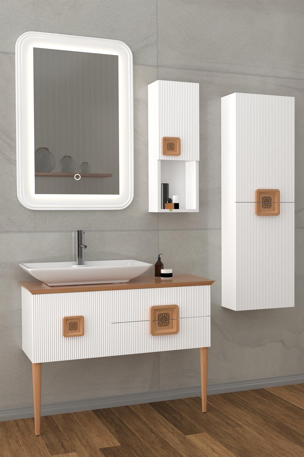 ZÜRİH 100CM BEYAZ LAVABOLU BANYO DOLABI-BEYAZ/KAIYN (BOY DOLAP DAHİL )