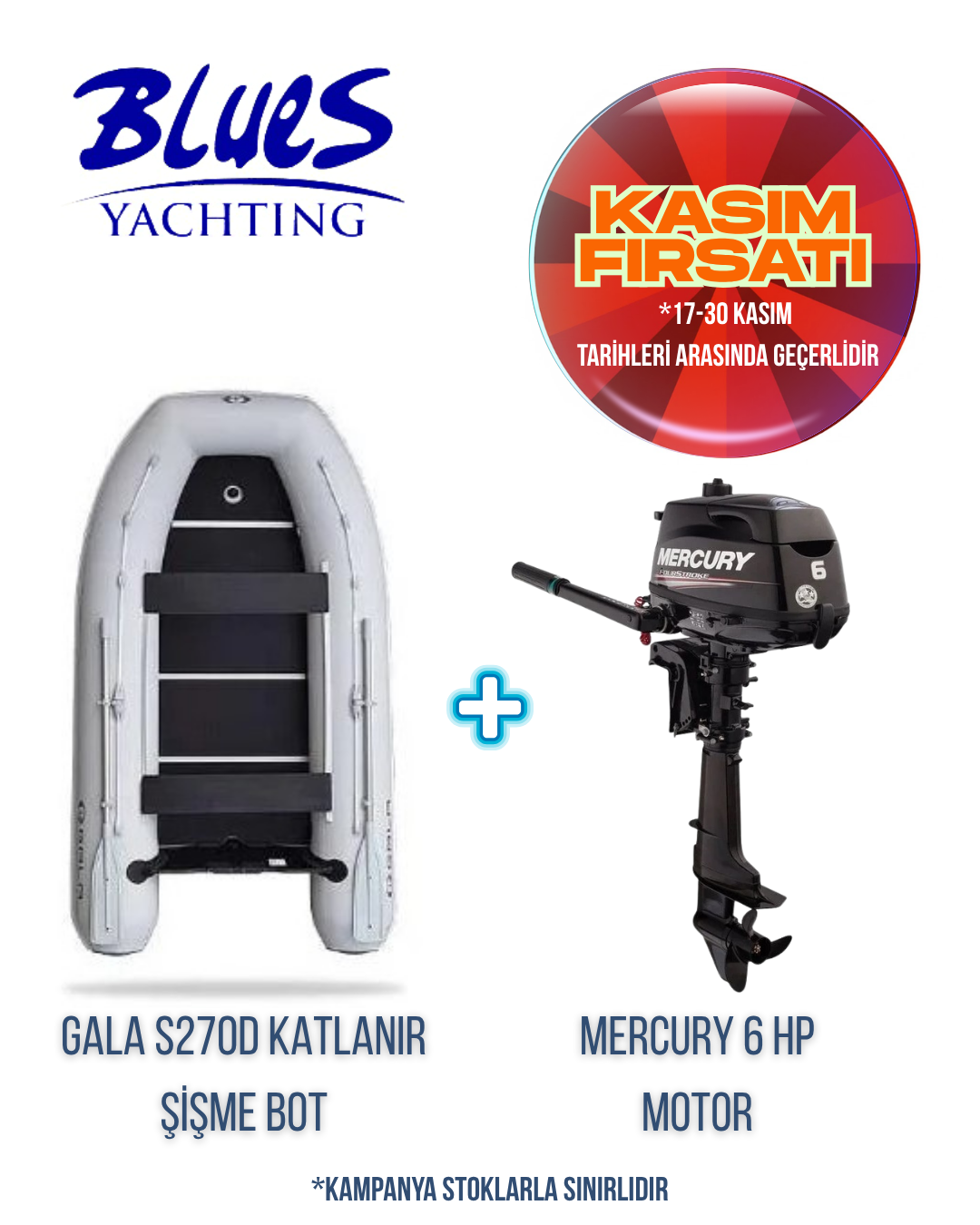 GALA S270D AHŞAP KATLANIR ŞİŞME BOT ve MERCURY F6 M DIŞTAN TAKMA MOTOR
