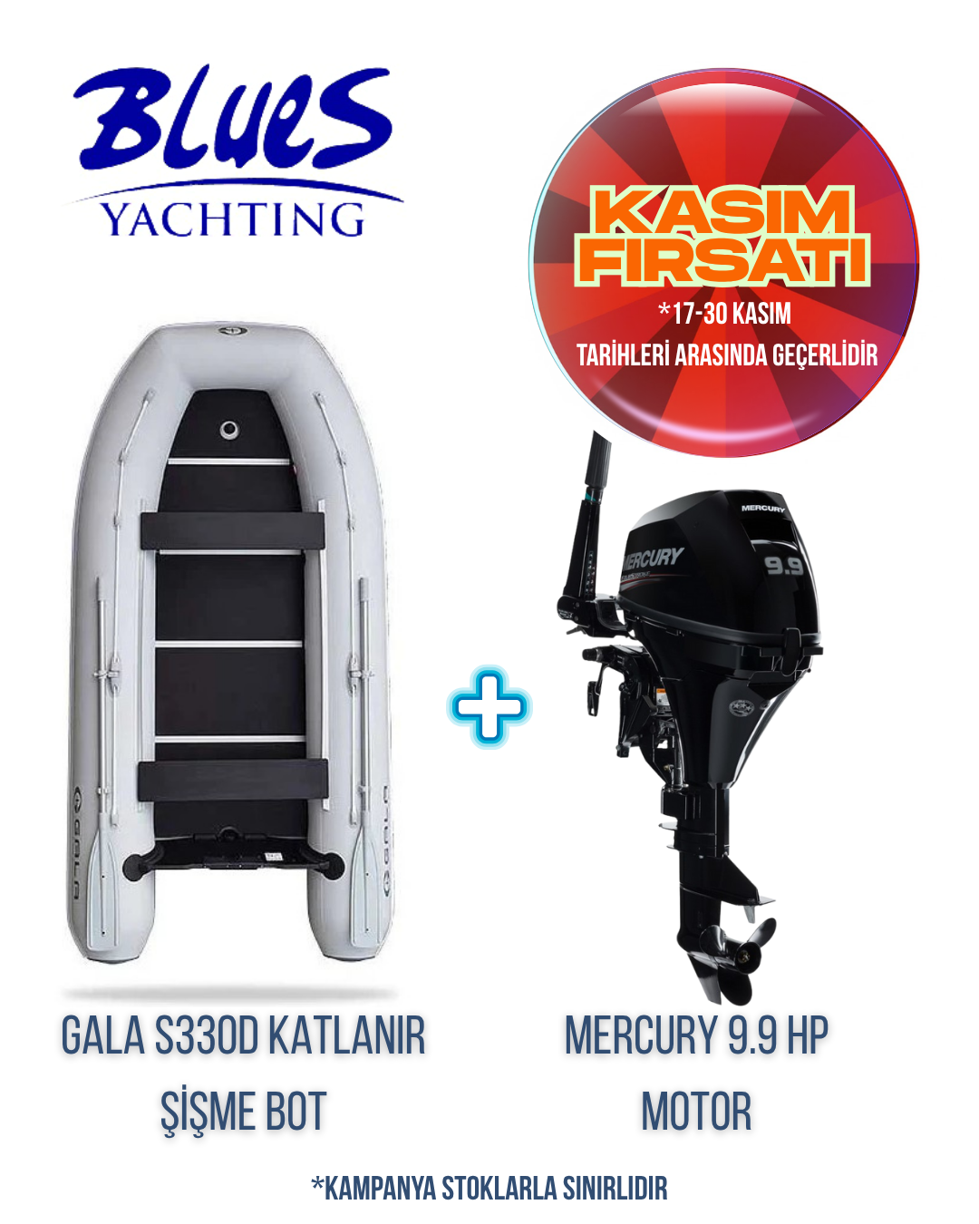 GALA S330D AHŞAP KATLANIR ŞİŞME BOT ve MERCURY F9.9 M DIŞTAN TAKMA MOTOR