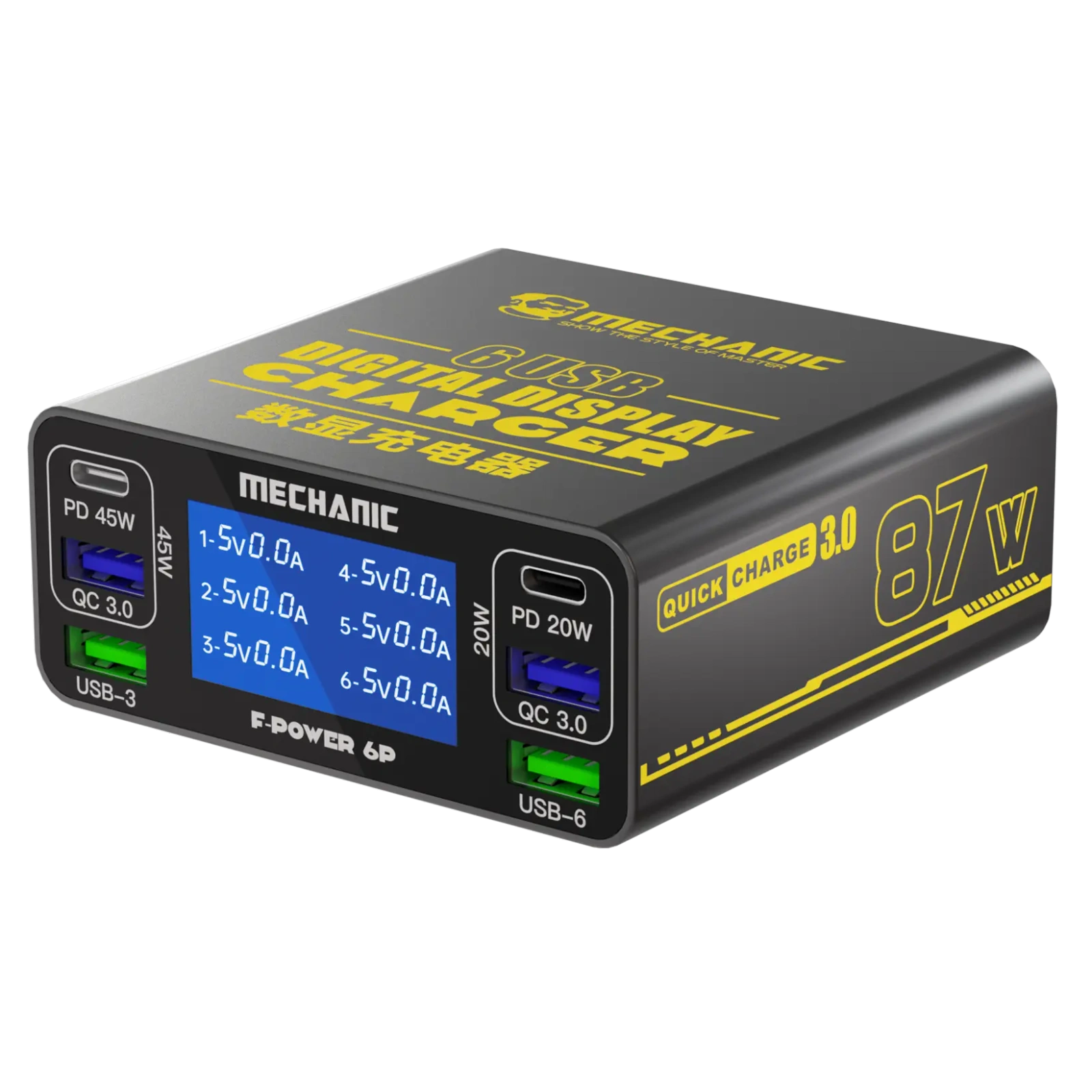 Mechanic F-Power 6P 87W 6 Port PD45W QC3.0 USB Hızlı Şarj İstasyonu LCD Göstergeli