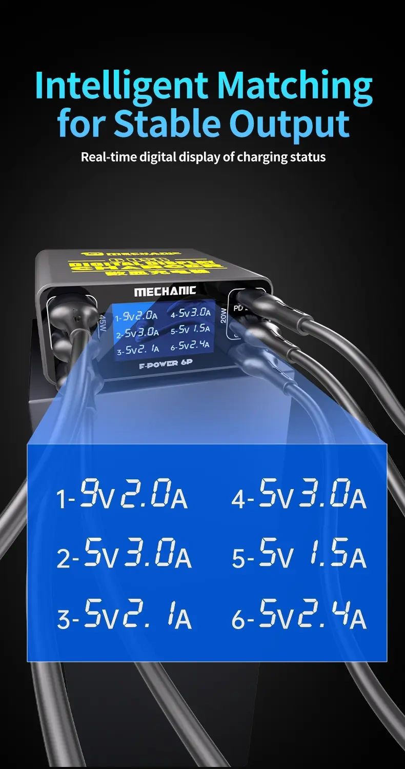 Mechanic F-Power 6P 87W 6 Port PD45W QC3.0 USB Hızlı Şarj İstasyonu LCD Göstergeli