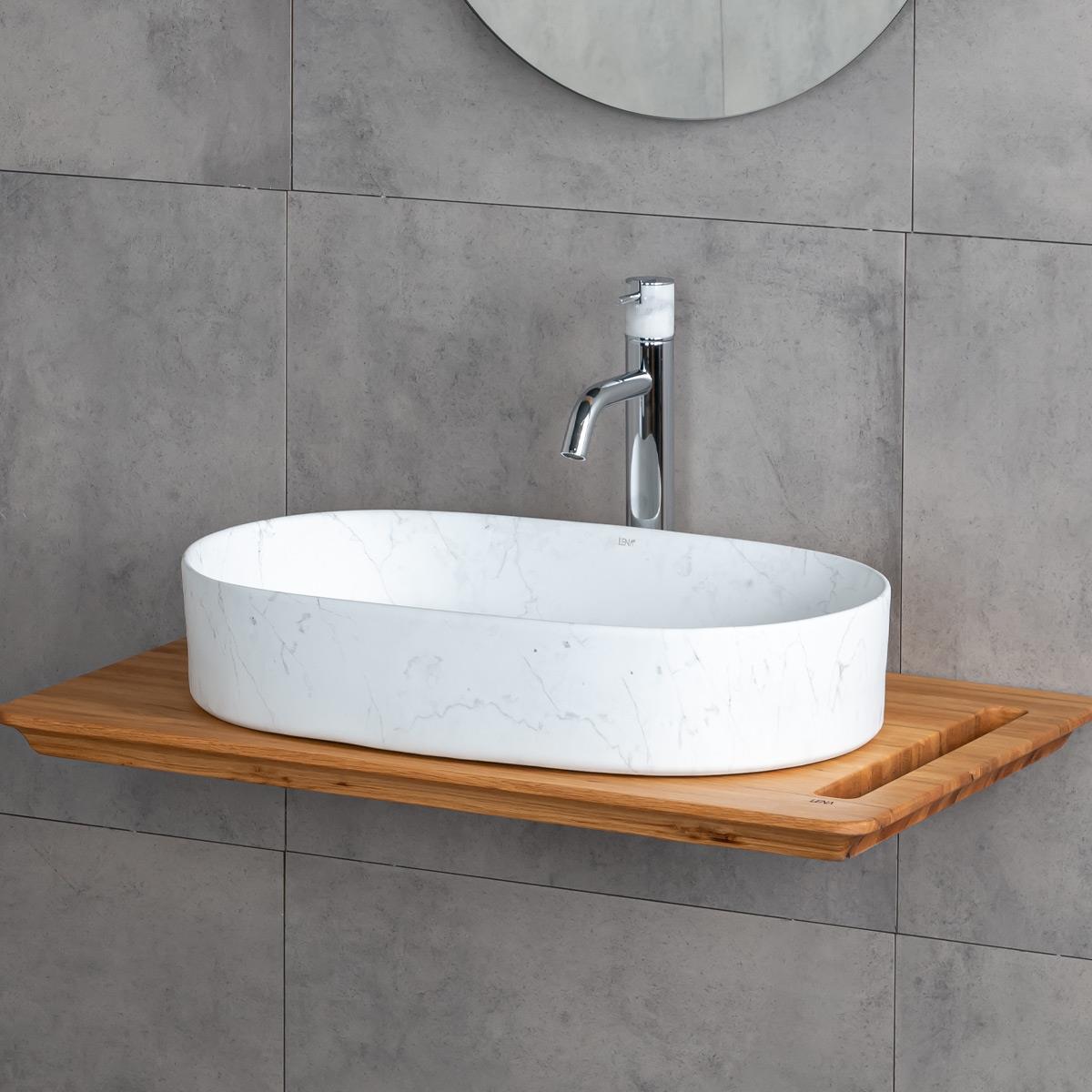 E-W1202M8 Tezgah Üstü Lavabo Mat Beyaz Mermer Desenli
