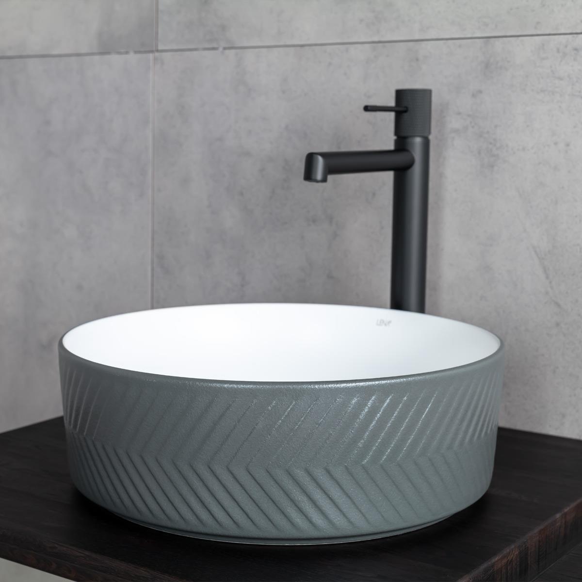 E-W5002GB Tezgah Üstü Lavabo Mat Gri & Parlak Beyaz