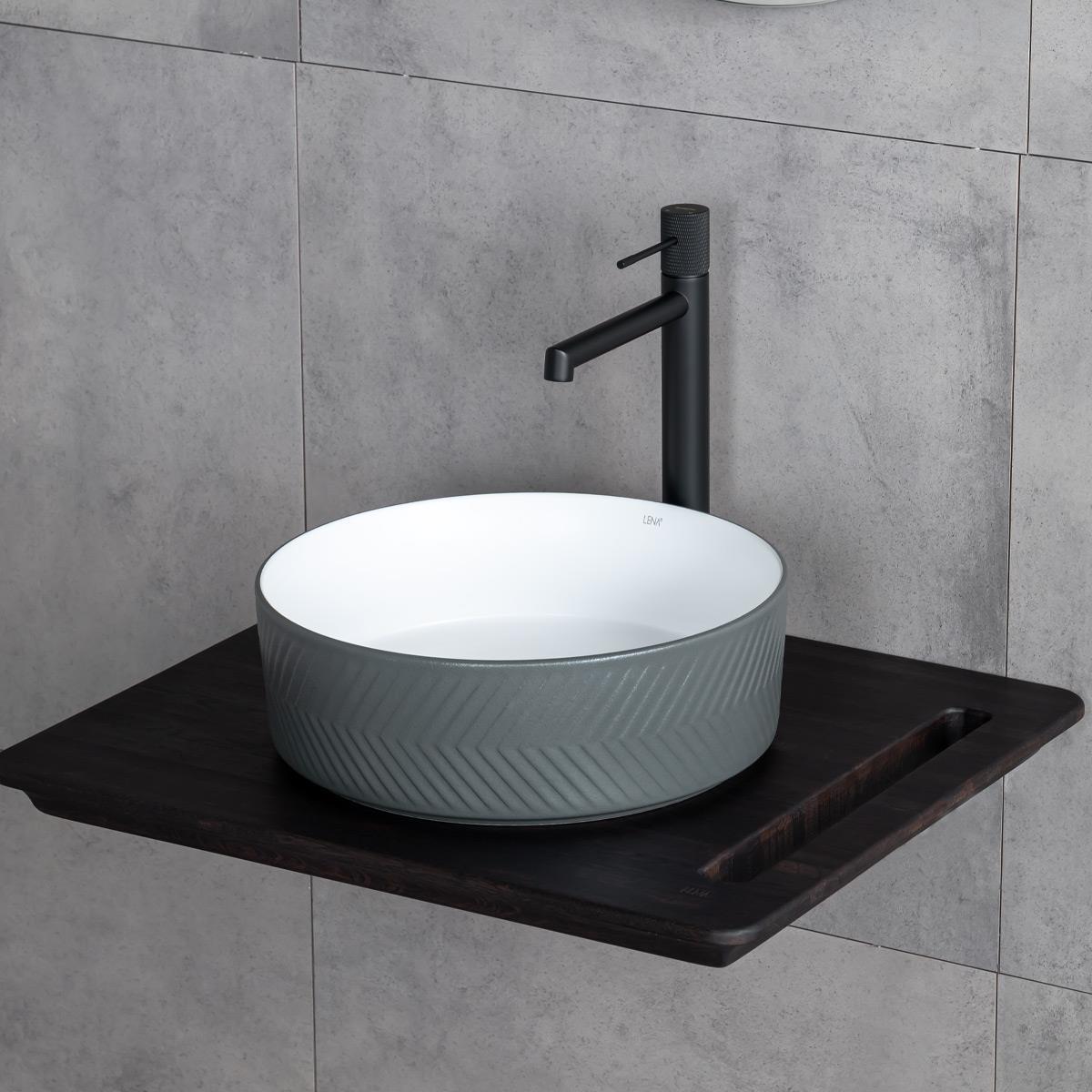 E-W5002GB Tezgah Üstü Lavabo Mat Gri & Parlak Beyaz