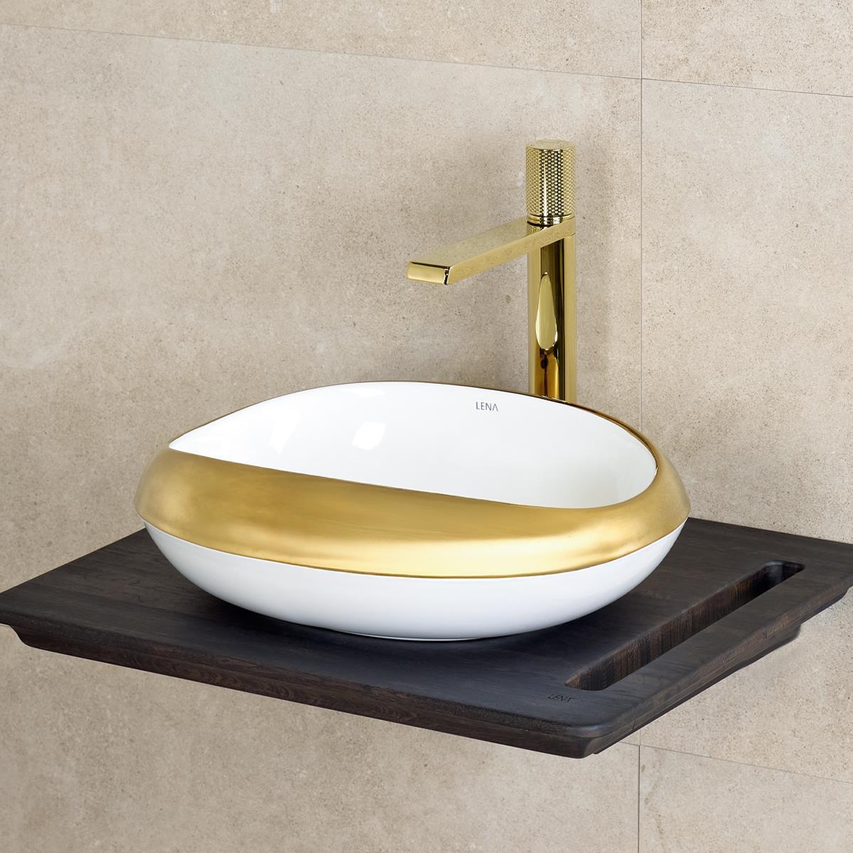 EY-4710A Tezgah Üstü Lavabo Parlak Beyaz & Altın