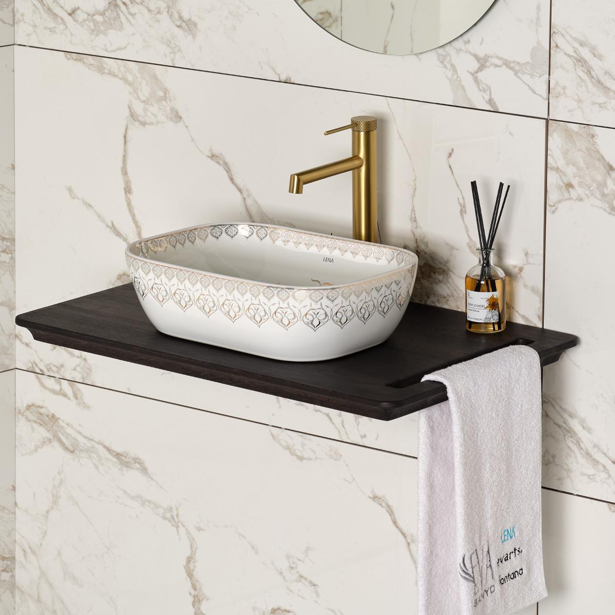 EY-7033 Tezgah Üstü Lavabo Beyaz & Altın