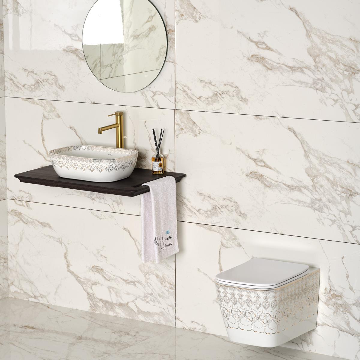 EY-7033 Tezgah Üstü Lavabo Beyaz & Altın