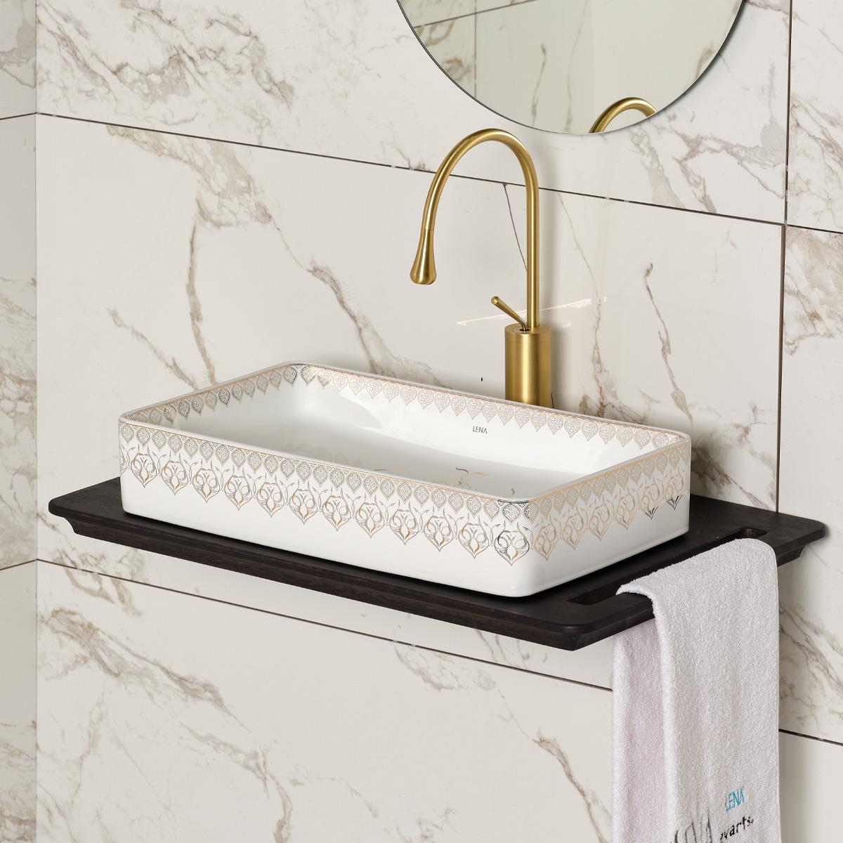 EY-7034 Tezgah Üstü Lavabo Beyaz & Altın