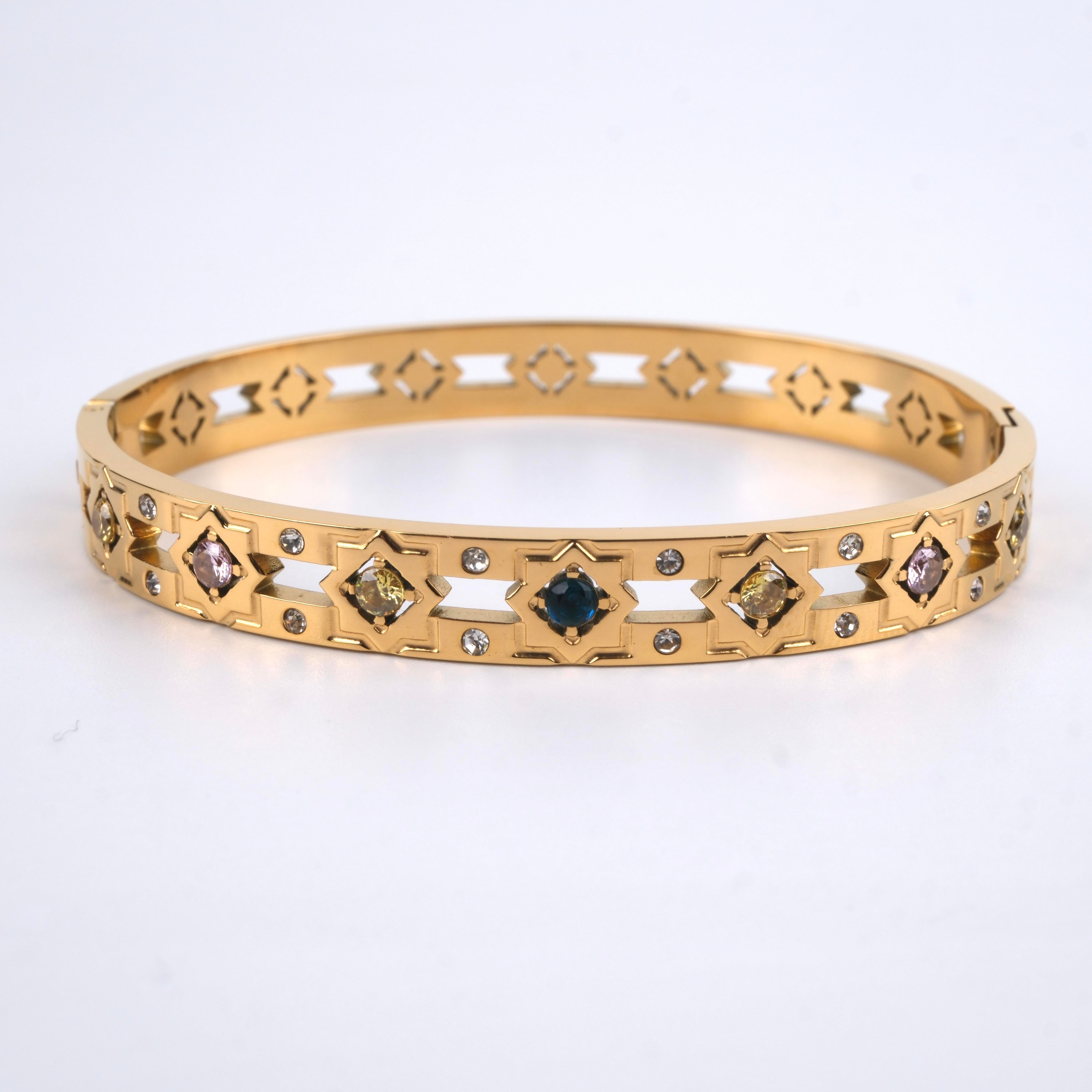 Toptan RENKLİ TAŞLI GOLD ÇELİK BİLEZİK