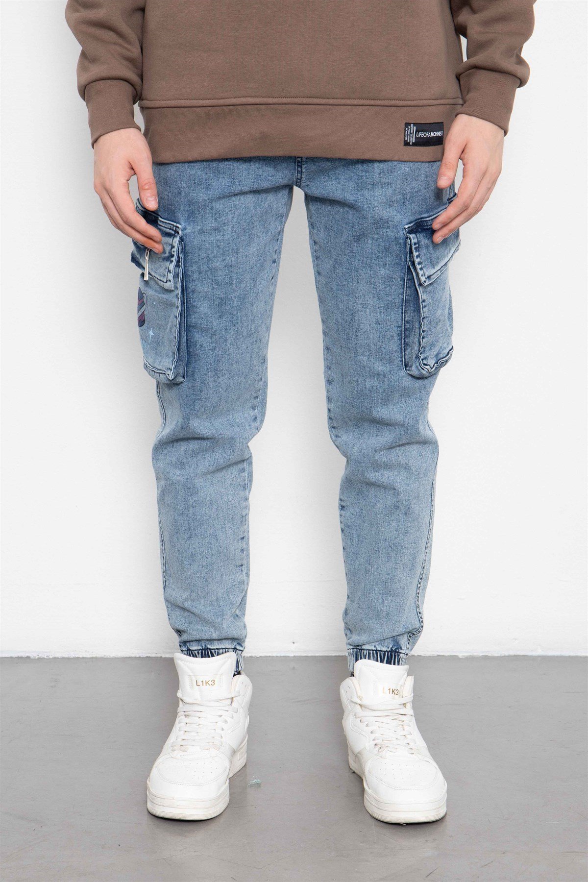 Baskılı Lastikli Mavi Jogger Pantolon