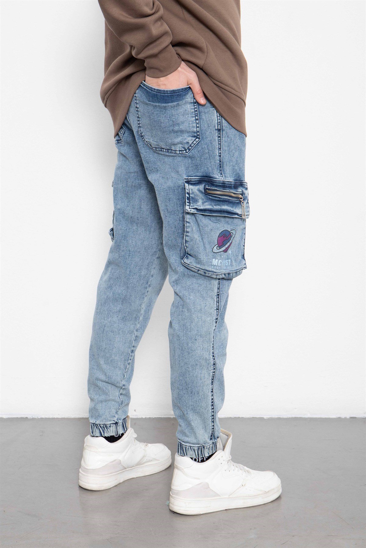 Baskılı Lastikli Mavi Jogger Pantolon