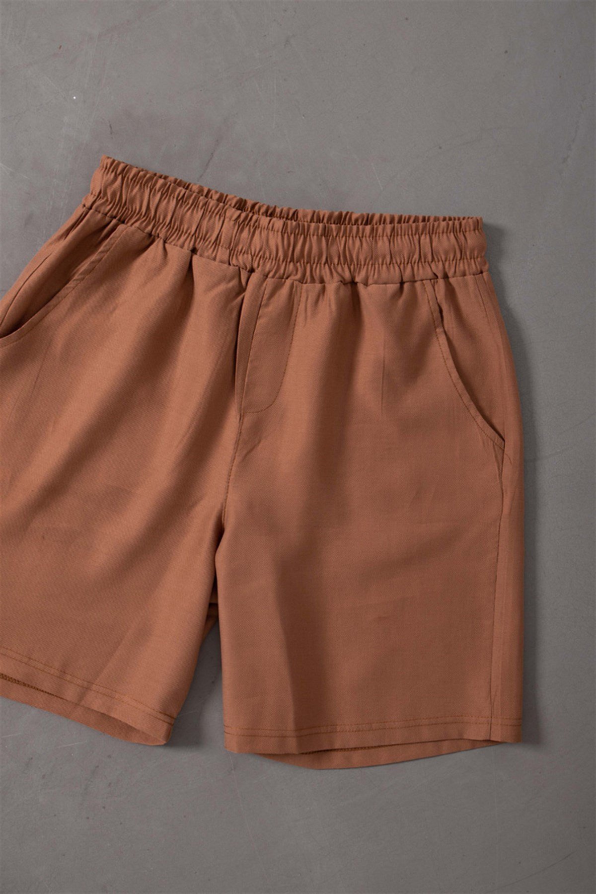 Regular Beli Lastikli Keten Şort CAMEL