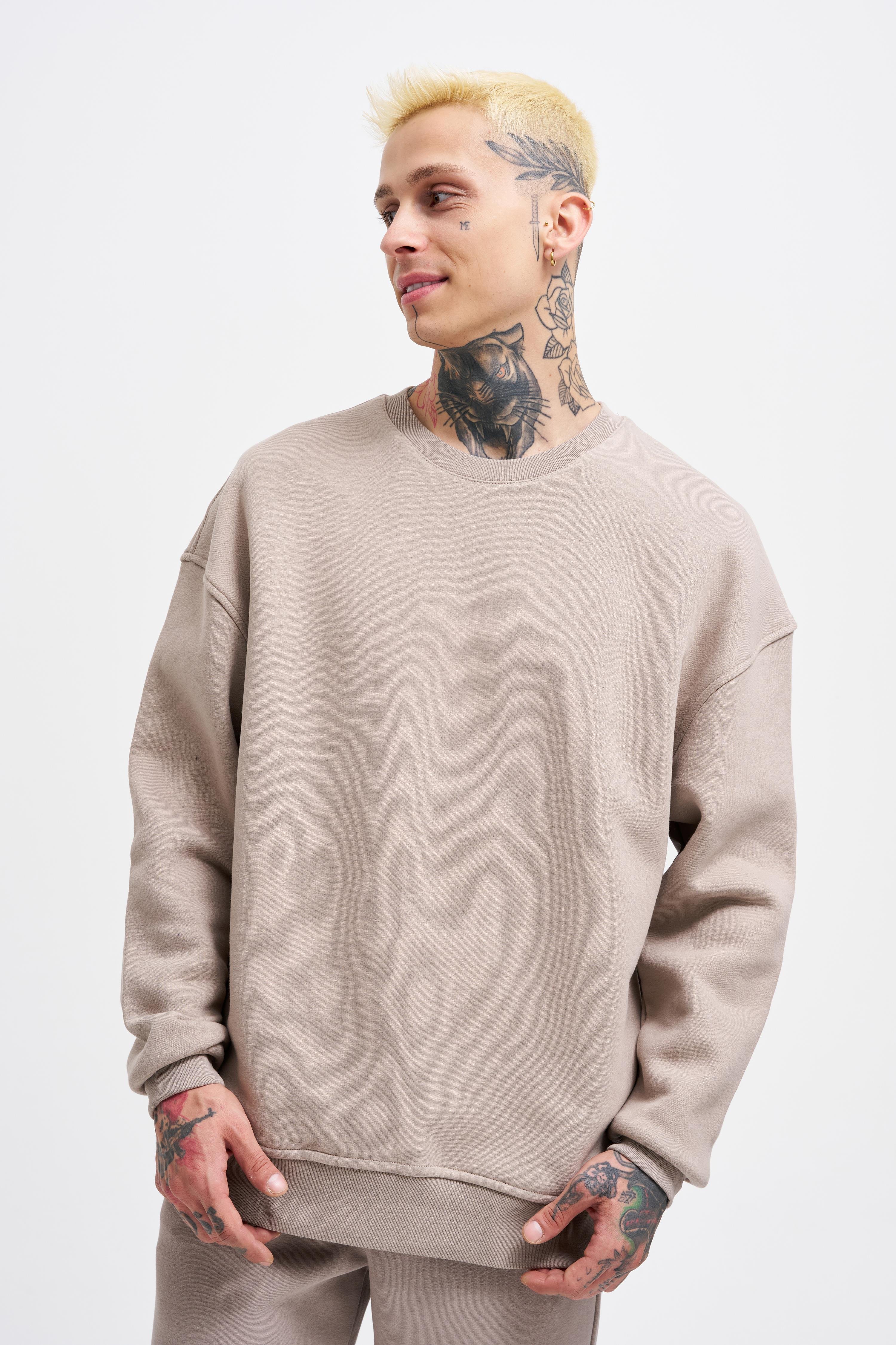 Erkek Basic Bisiklet Yaka Oversize Açık Gri Sweatshirt